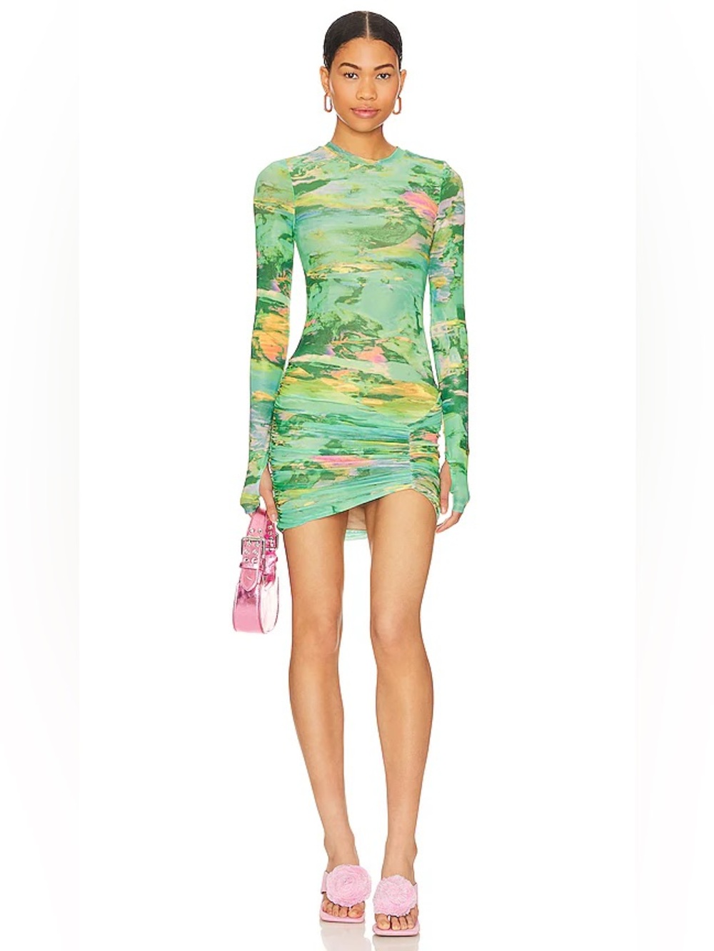 AFRM Long Sleeve Green Printed Bodycon Mini Dress